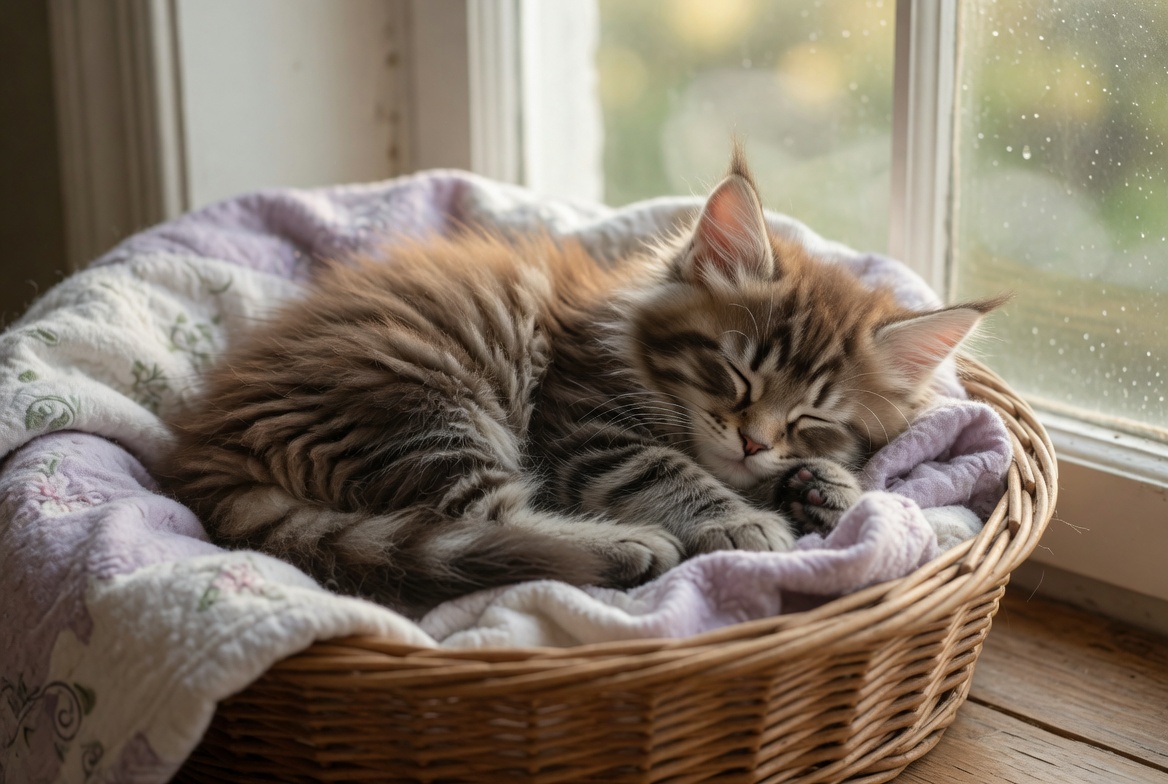 Marigold — red tortoiseshell Maine Coon kitten curled up in a sunlit basket